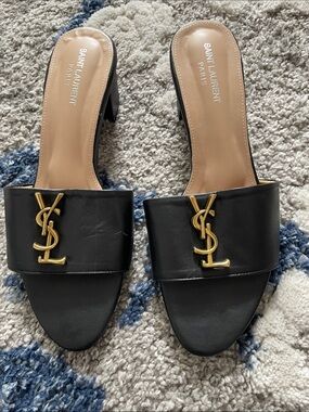 Saint Laurent Black Leather Slide Mules with Gold YSL Emblem